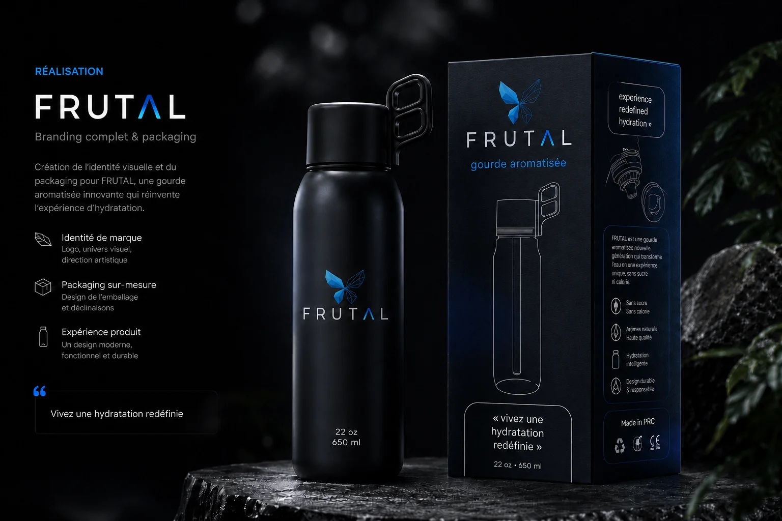 Packaging FRUTAL : gourde aromatisée noire et son coffret