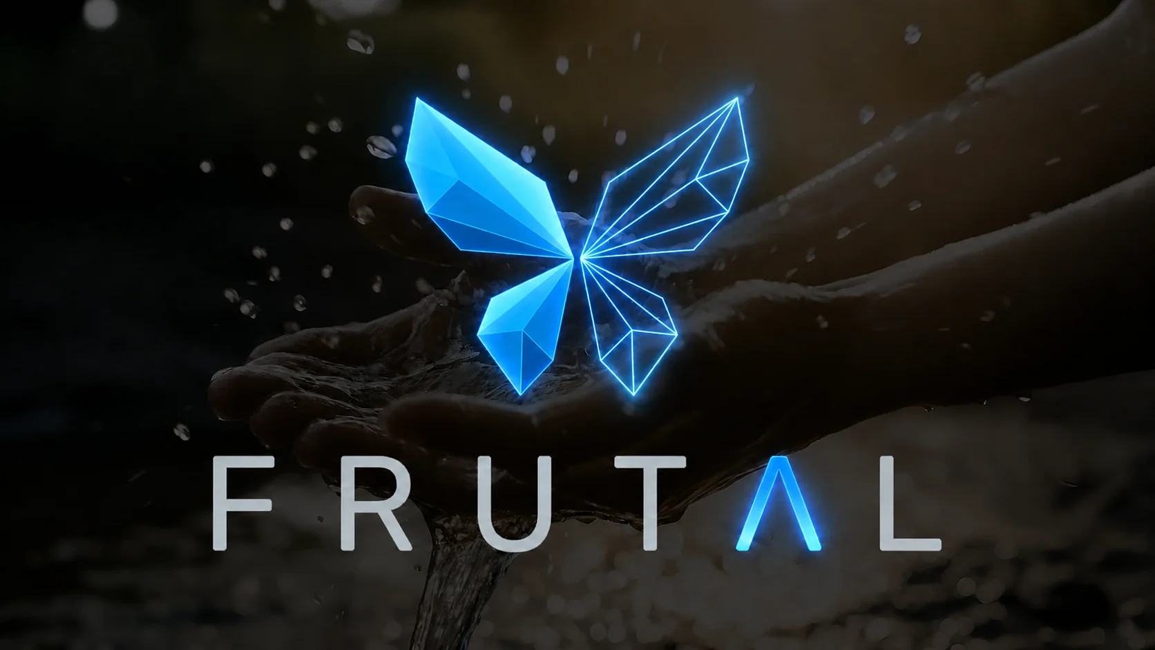 Logo FRUTAL en papillon lumineux au-dessus de mains recevant de l’eau